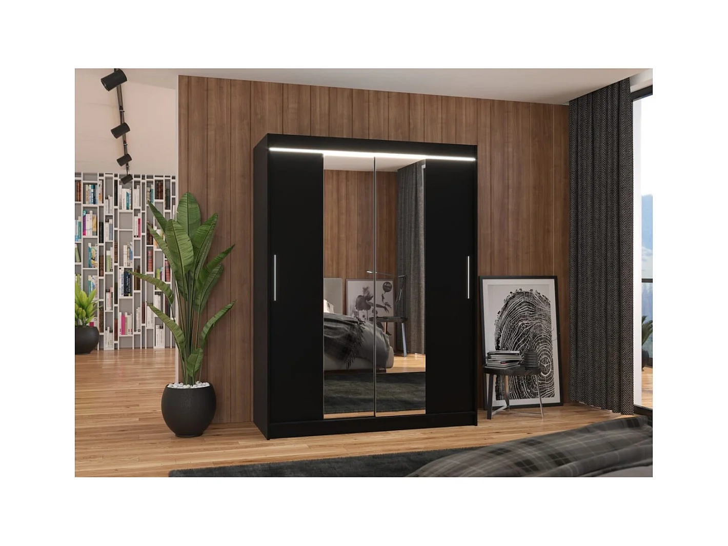 Kleiderschrank Agnes (150cm)/Schiebetüren/Spiegel/LED/Schwarz