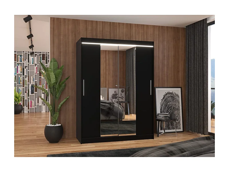 Kleiderschrank Agnes (150cm)/Schiebetüren/Spiegel/LED/Schwarz