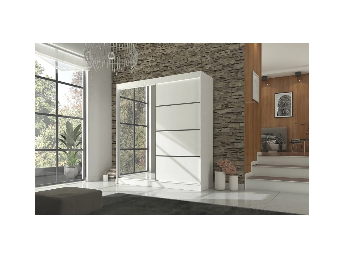 Armadio Milton (200cm)/ante scorrevoli/specchio/Bianco