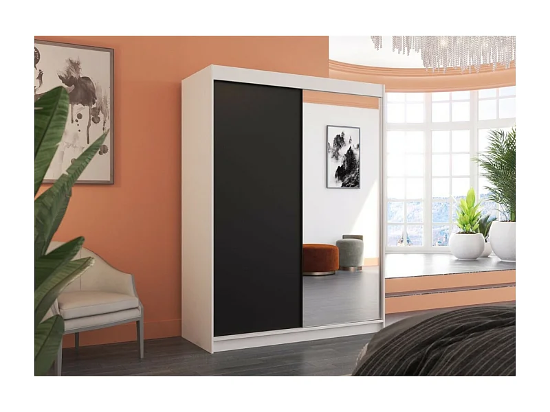 Armoire Jurgen (150cm)/portes coulissantes/miroir/LED/Blanc&Noir