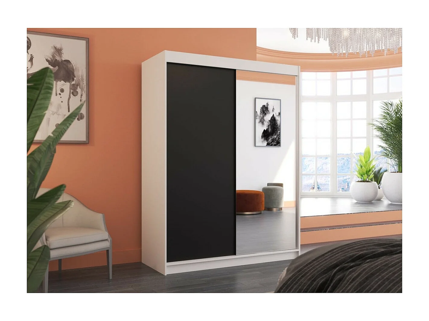 Armoire Jurgen (150cm)/portes coulissantes/miroir/LED/Blanc&Noir