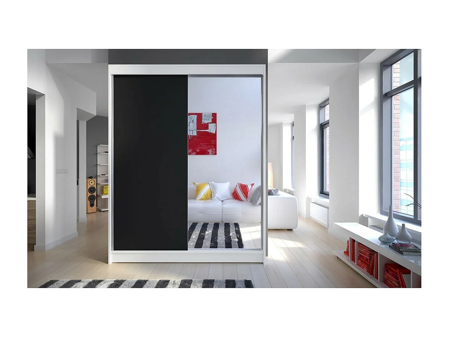 Armoire Jurgen (150cm)/portes coulissantes/miroir/LED/Blanc&Noir