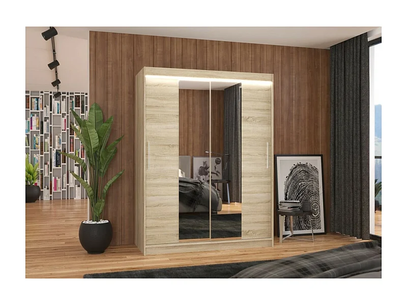 Armoire Agnès (150cm)/portes coulissantes/miroir/LED/Sonoma