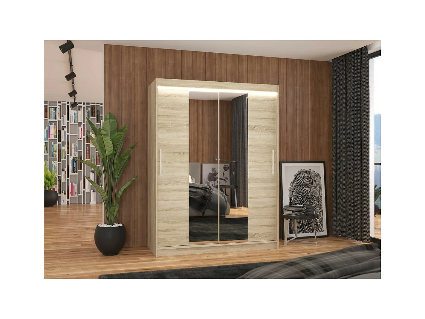 Kleiderschrank Agnes (150cm)/Schiebetüren/Spiegel/LED/Sonoma