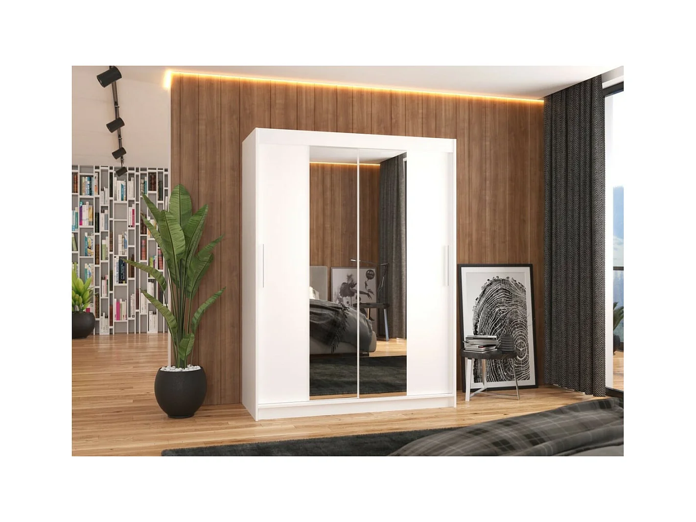 Armoire Agnès (150cm)/portes coulissantes/miroir/Blanc