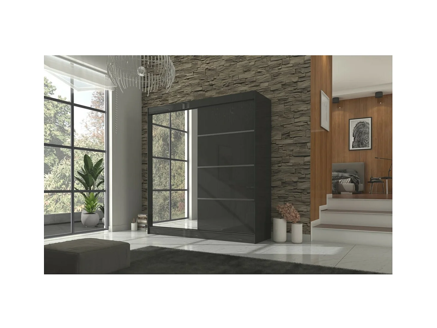 Kleiderschrank Milton (200cm)/Schiebetüren/Spiegel/Schwarz