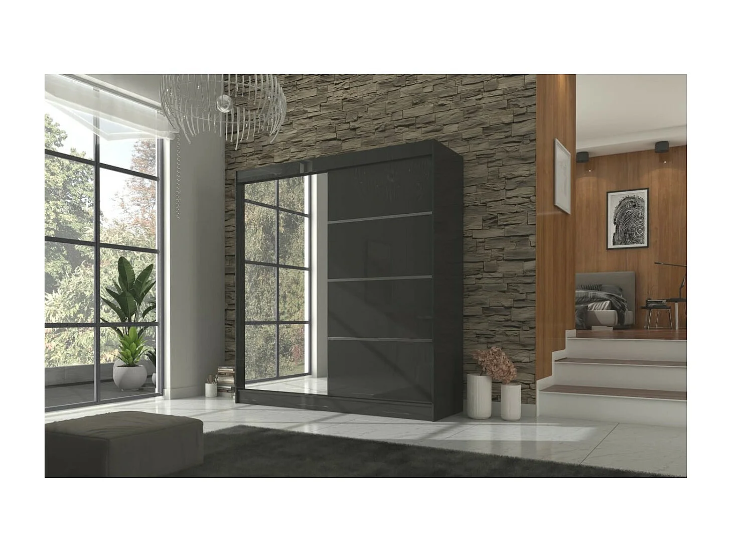 Kleiderschrank Milton (200cm)/Schiebetüren/Spiegel/Schwarz