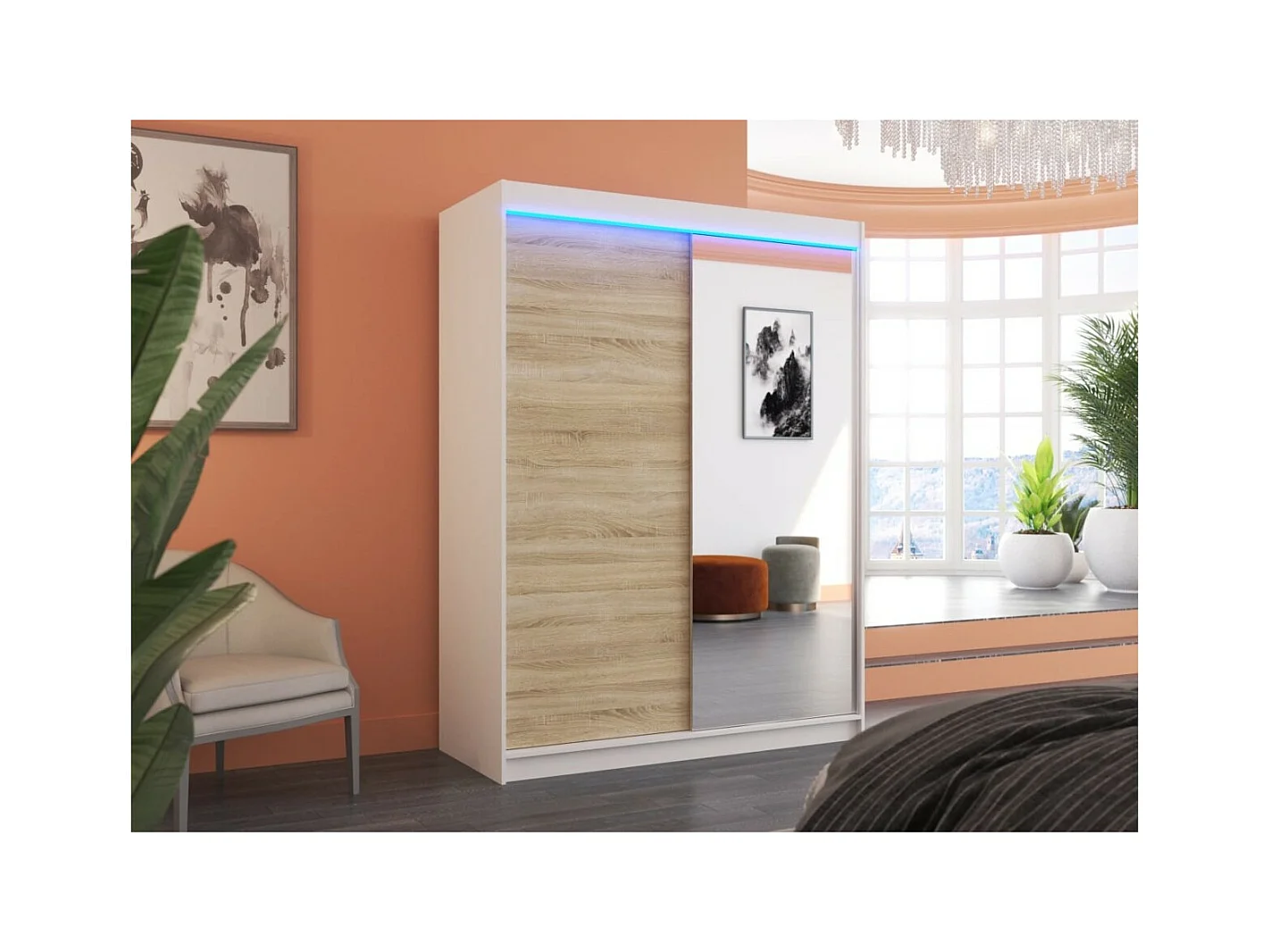 Armoire Jurgen (150cm)/portes coulissantes/miroir/LED/Blanc&Sonoma