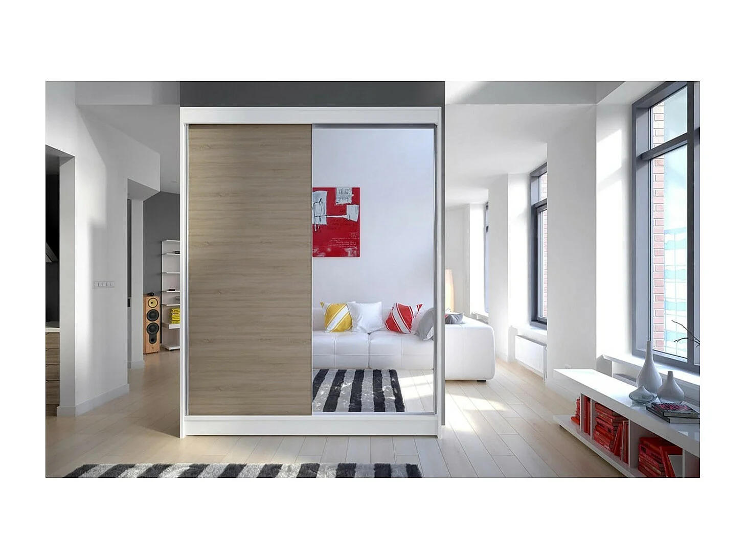 Armoire Jurgen (150cm)/portes coulissantes/miroir/LED/Blanc&Sonoma