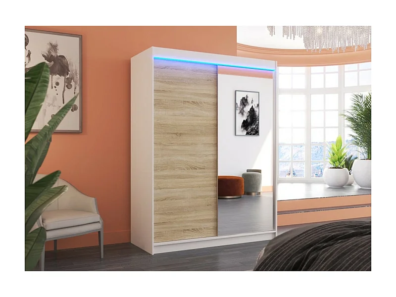 Kleiderschrank Jurgen (150cm)/Schiebetüren/Spiegel/LED/Weiss&Sonoma