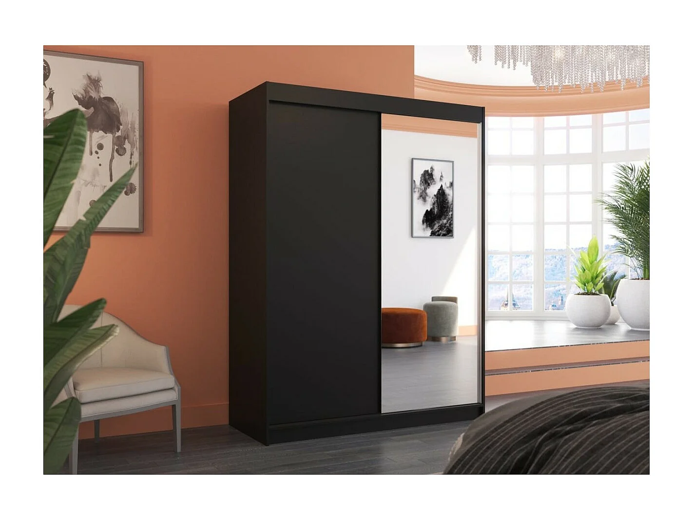 Armoire Jurgen (150cm)/portes coulissantes/miroir/Noir
