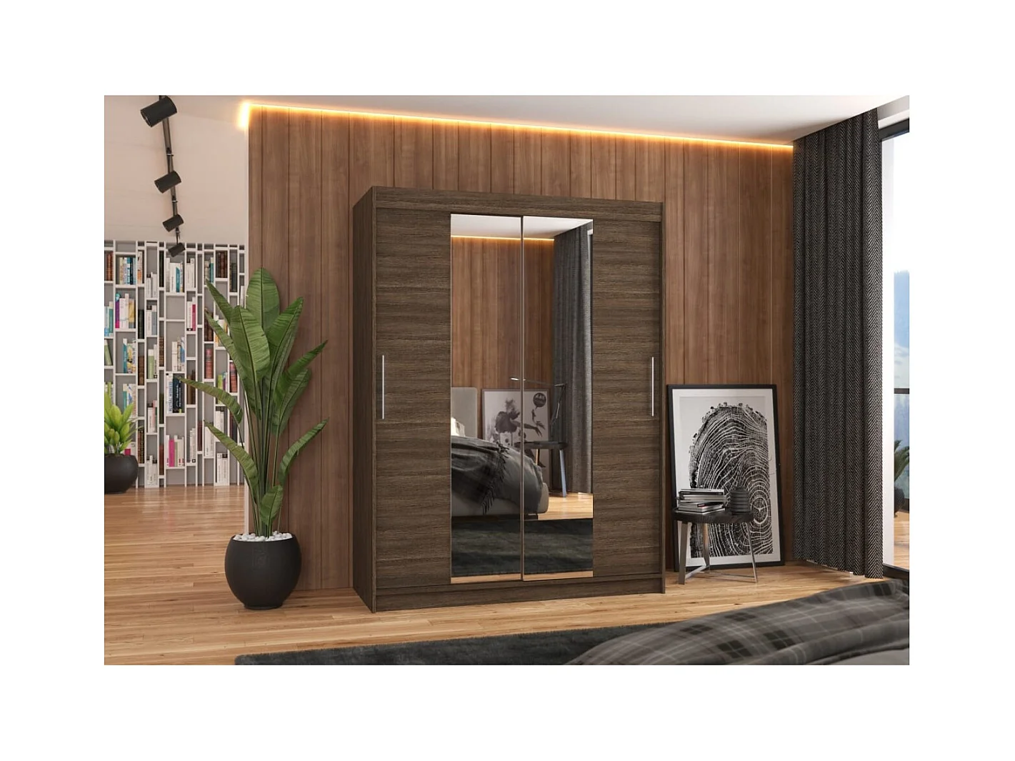 Armoire Agnès (150cm)/portes coulissantes/miroir/Marron