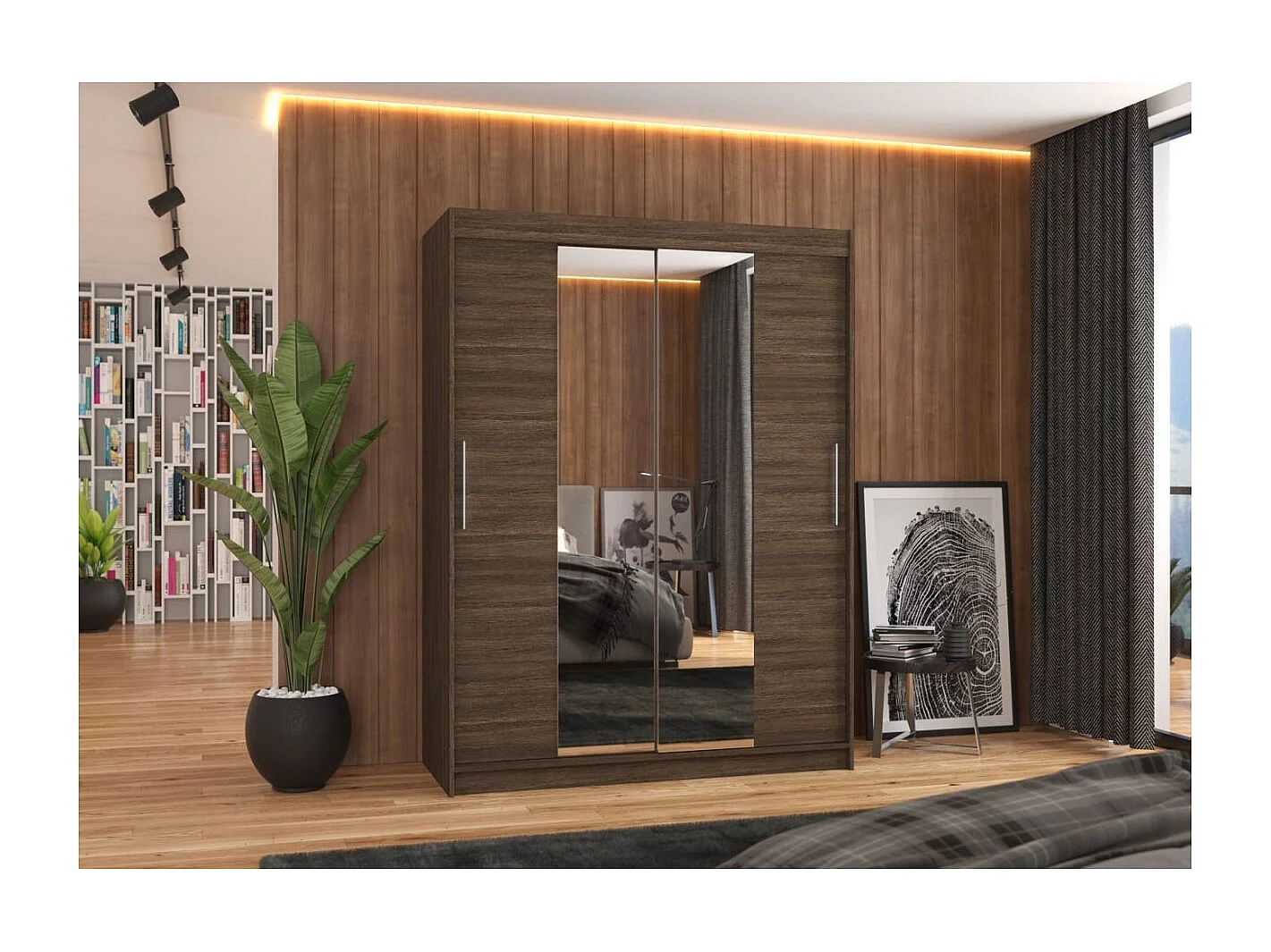 Armoire Agnès (150cm)/portes coulissantes/miroir/Marron