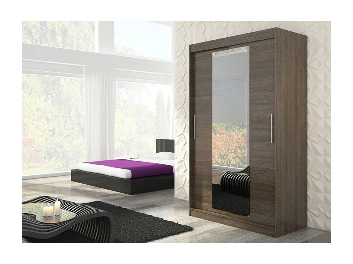 Armoire Agnès (150cm)/portes coulissantes/miroir/Marron