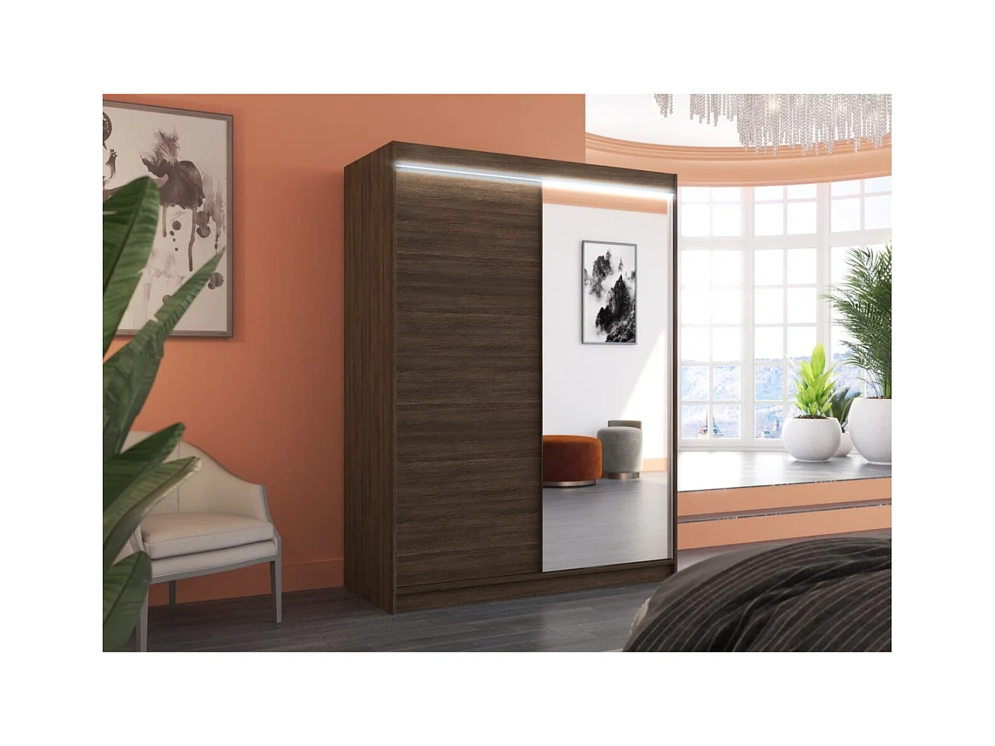 Armoire Jurgen (150cm)/portes coulissantes/miroir/LED/Marron
