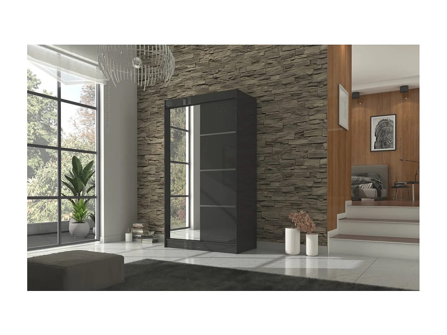 Armadio Milton (120cm)/ante scorrevoli/specchio/Nero