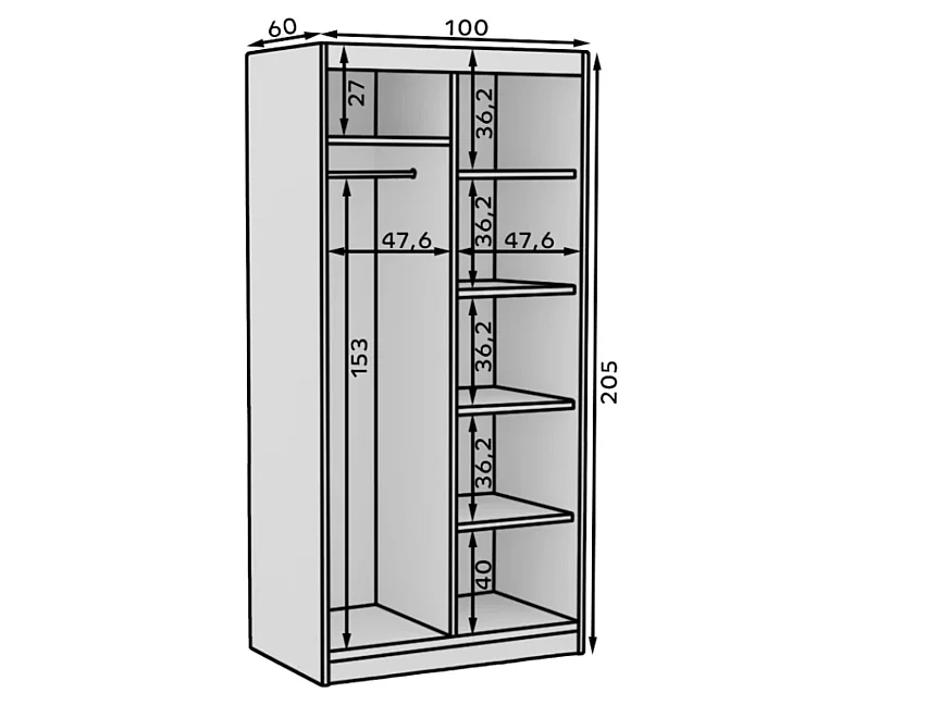 Armoire coulissante BALEY avec miroir – Dressing moderne et gain de place-Naturel/Noir-Largeur 100 cm