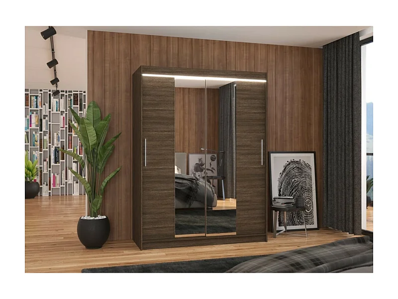 Armoire Agnès (150cm)/portes coulissantes/miroir/LED/Marron