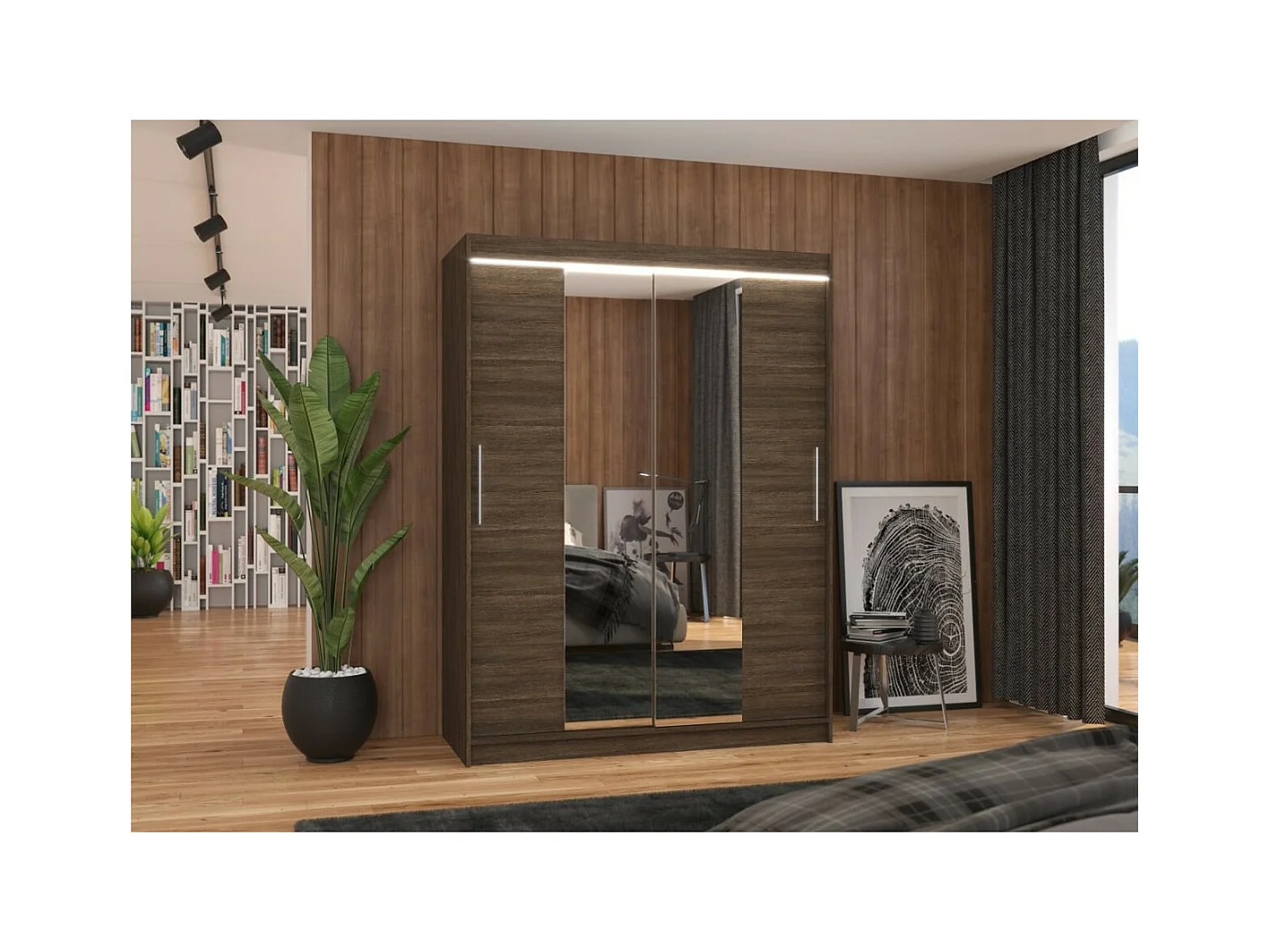 Armoire Agnès (150cm)/portes coulissantes/miroir/LED/Marron