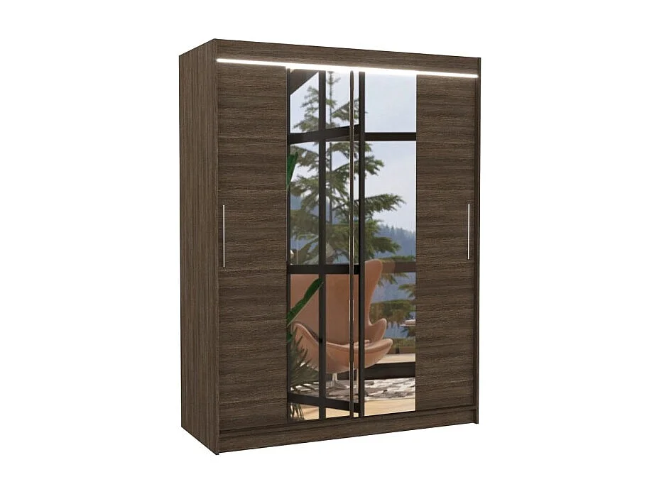 Armoire Agnès (150cm)/portes coulissantes/miroir/LED/Marron