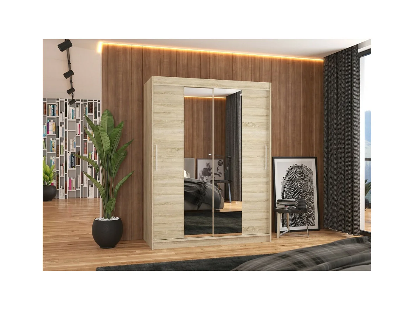 Armoire Agnès (150cm)/portes coulissantes/miroir/Sonoma