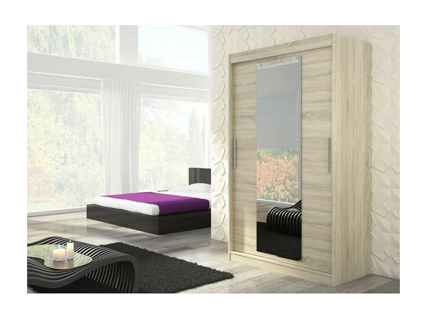 Armoire Agnès (150cm)/portes coulissantes/miroir/Sonoma