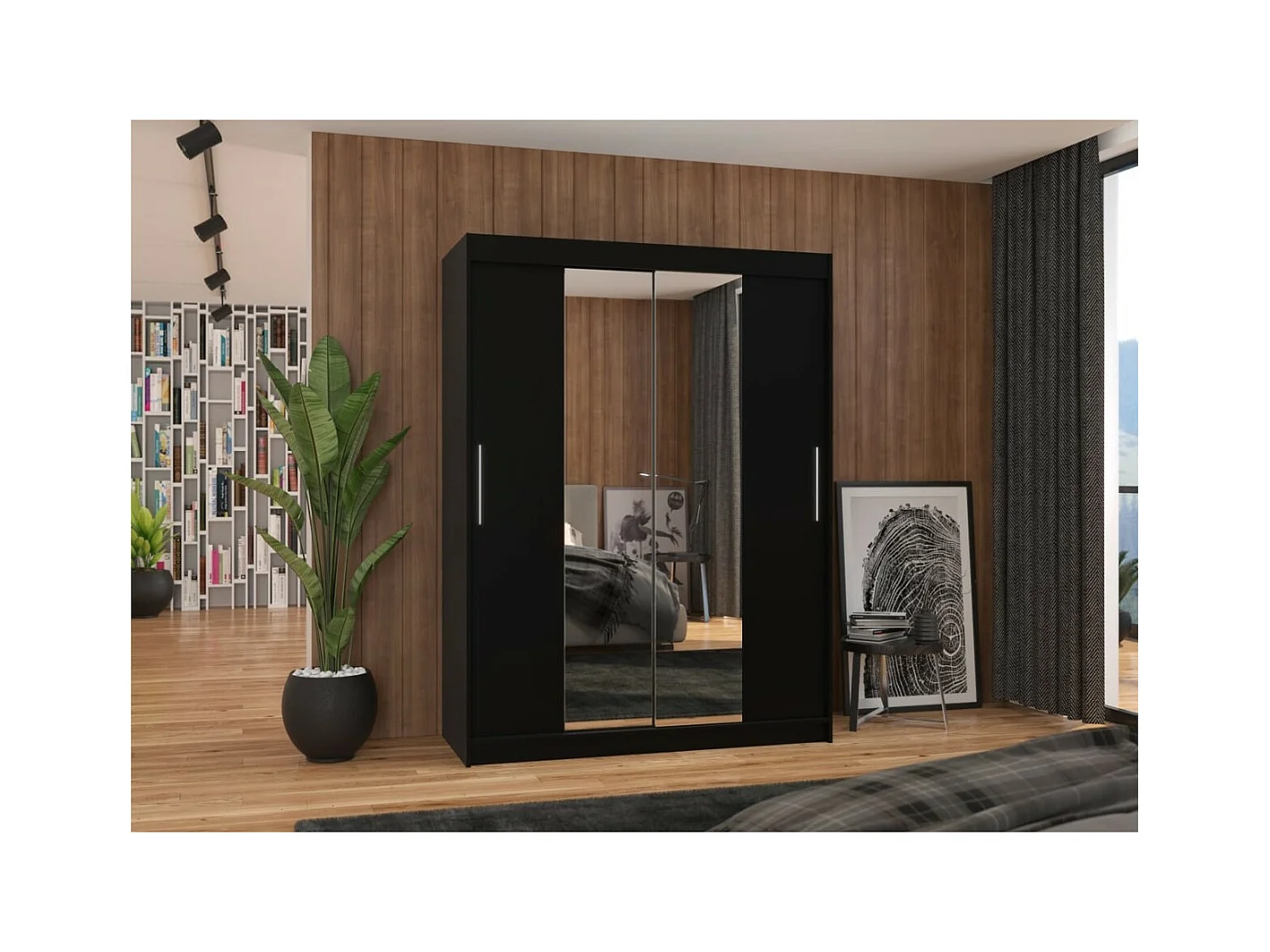Armoire Agnès (150cm)/portes coulissantes/miroir/Noir