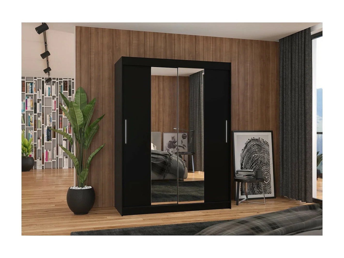 Armoire Agnès (150cm)/portes coulissantes/miroir/Noir
