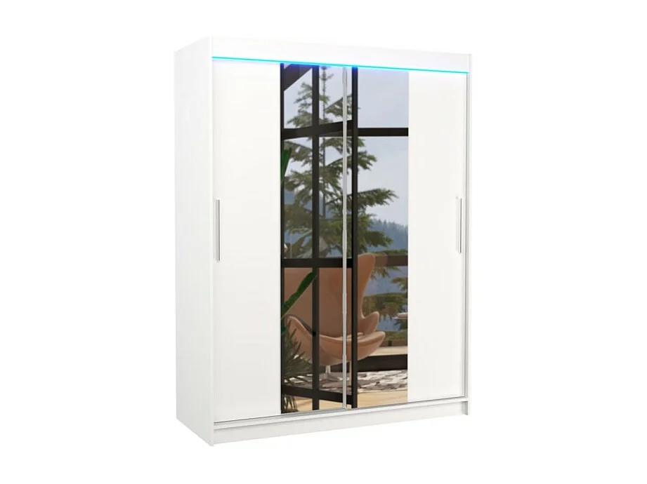 Armoire Agnès (150cm)/portes coulissantes/miroir/LED/Blanc