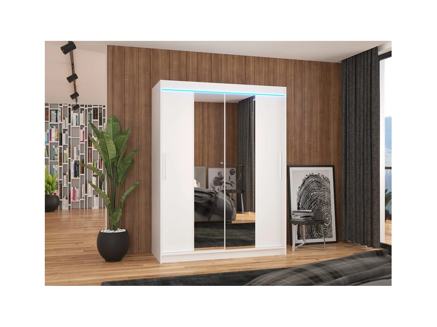 Kleiderschrank Agnes (150cm)/Schiebetüren/Spiegel/LED/Weiss