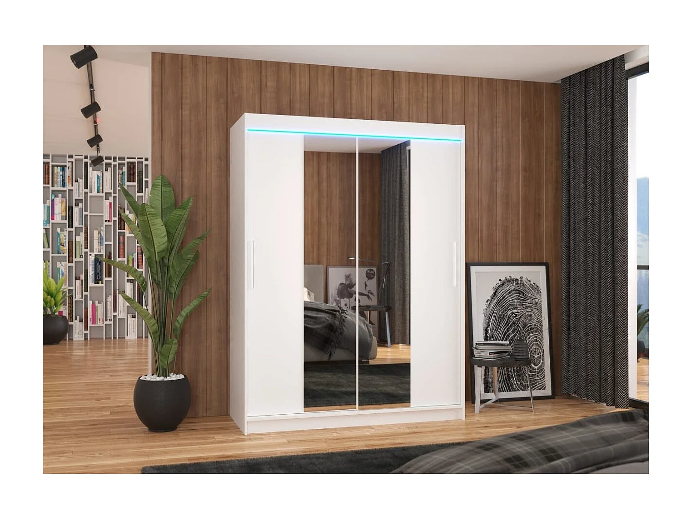 Armadio Agnes (150cm)/ante scorrevoli/specchio/LED/Bianco