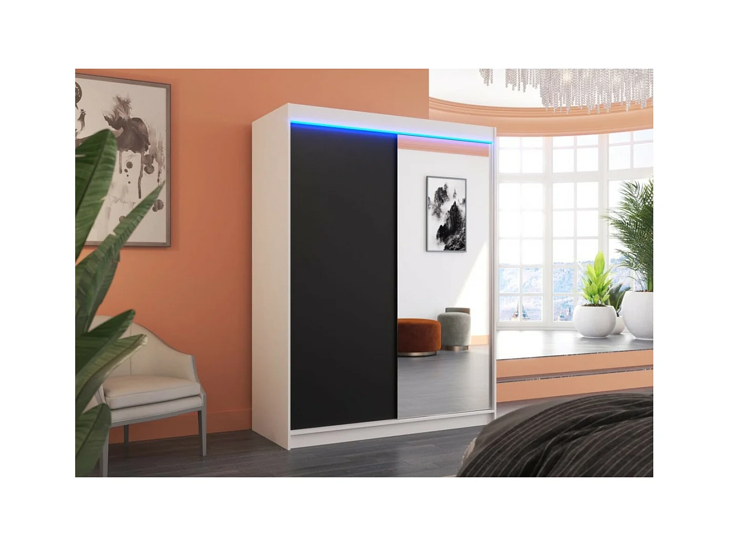 Armoire Jurgen (150cm)/portes coulissantes/miroir/LED/Blanc&Noir