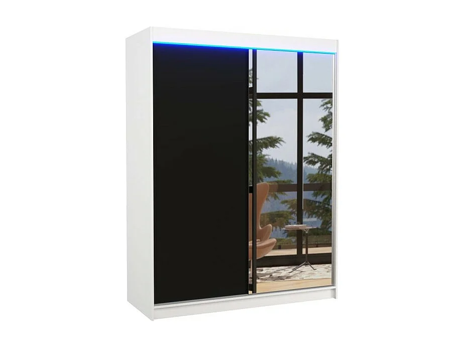 Armoire Jurgen (150cm)/portes coulissantes/miroir/LED/Blanc&Noir