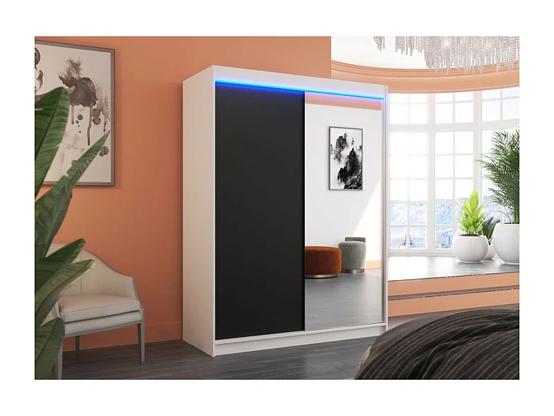 Kleiderschrank Jurgen (150cm)/Schiebetüren/Spiegel/LED/Weiss&Schwarz