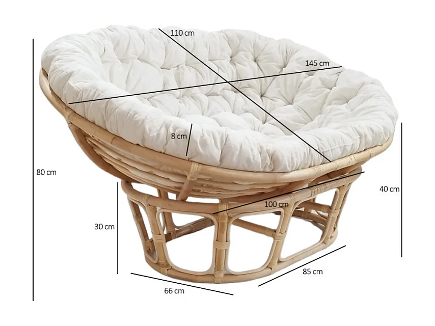 Fauteuil loveuse 2 places rotin naturel coussin blanc cassé - HAZEL