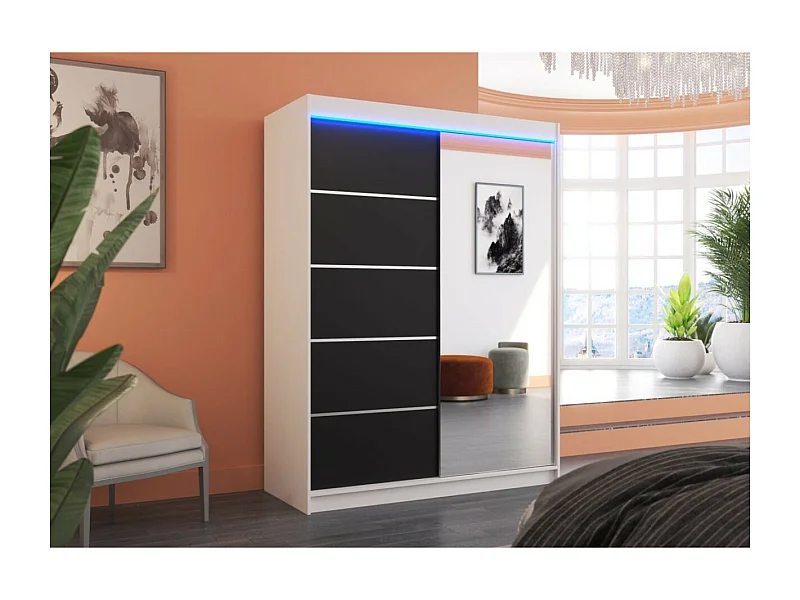 Armoire Zimbo (150cm)/portes coulissantes/miroir/LED/Blanc&Noir