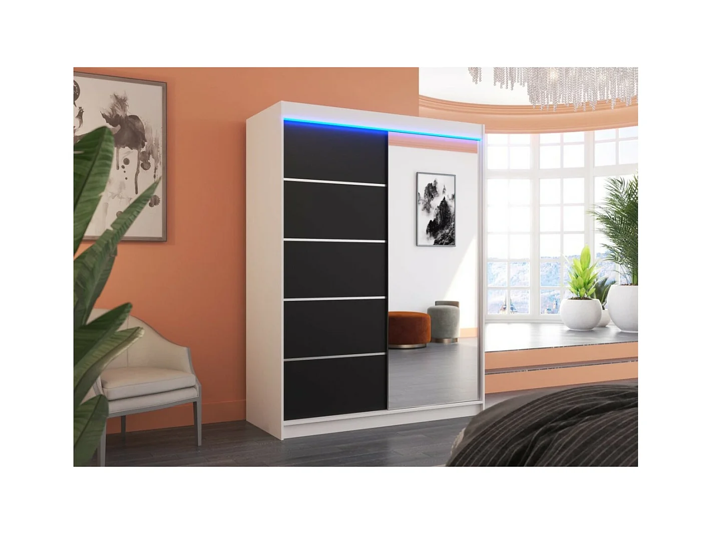 Armoire Zimbo (150cm)/portes coulissantes/miroir/LED/Blanc&Noir