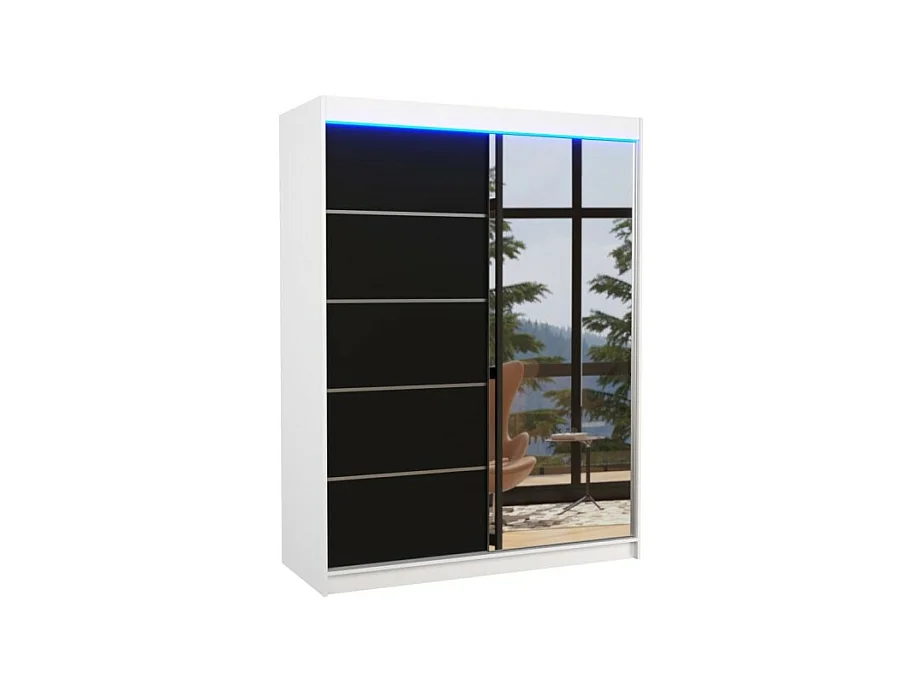Armoire Zimbo (150cm)/portes coulissantes/miroir/LED/Blanc&Noir