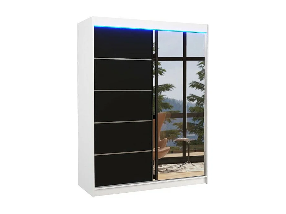 Kleiderschrank Zimbo (150cm)/Schiebetüren/Spiegel/LED/Weiss&Schwarz