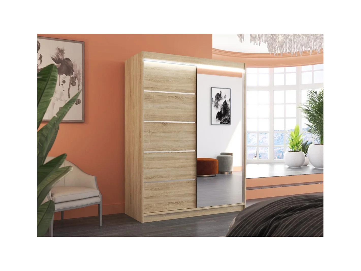 Armoire Zimbo (150cm)/portes coulissantes/miroir/LED/Sonoma