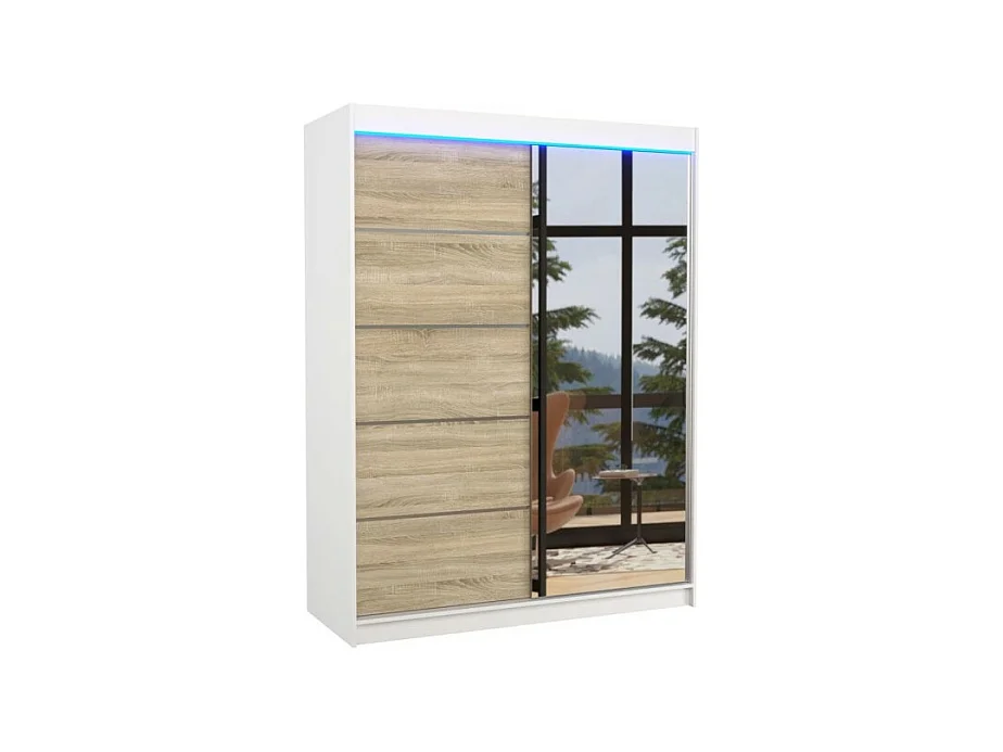 Armoire Zimbo (150cm)/portes coulissantes/miroir/LED/Blanc&Sonoma