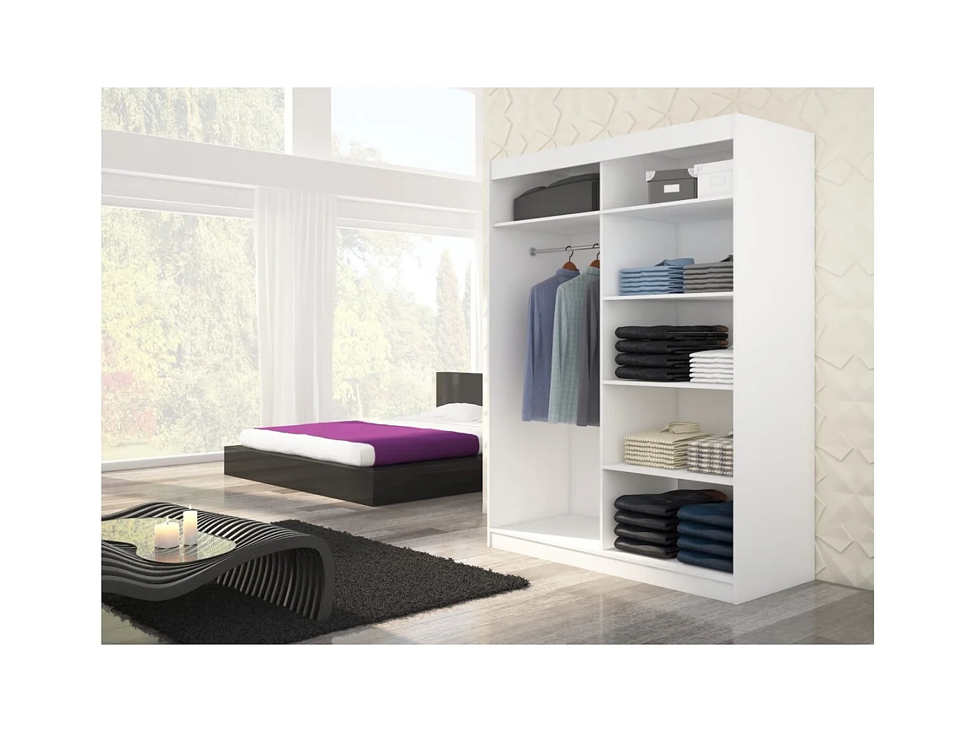 Armoire Zimbo (150cm)/portes coulissantes/miroir/LED/Blanc&Sonoma