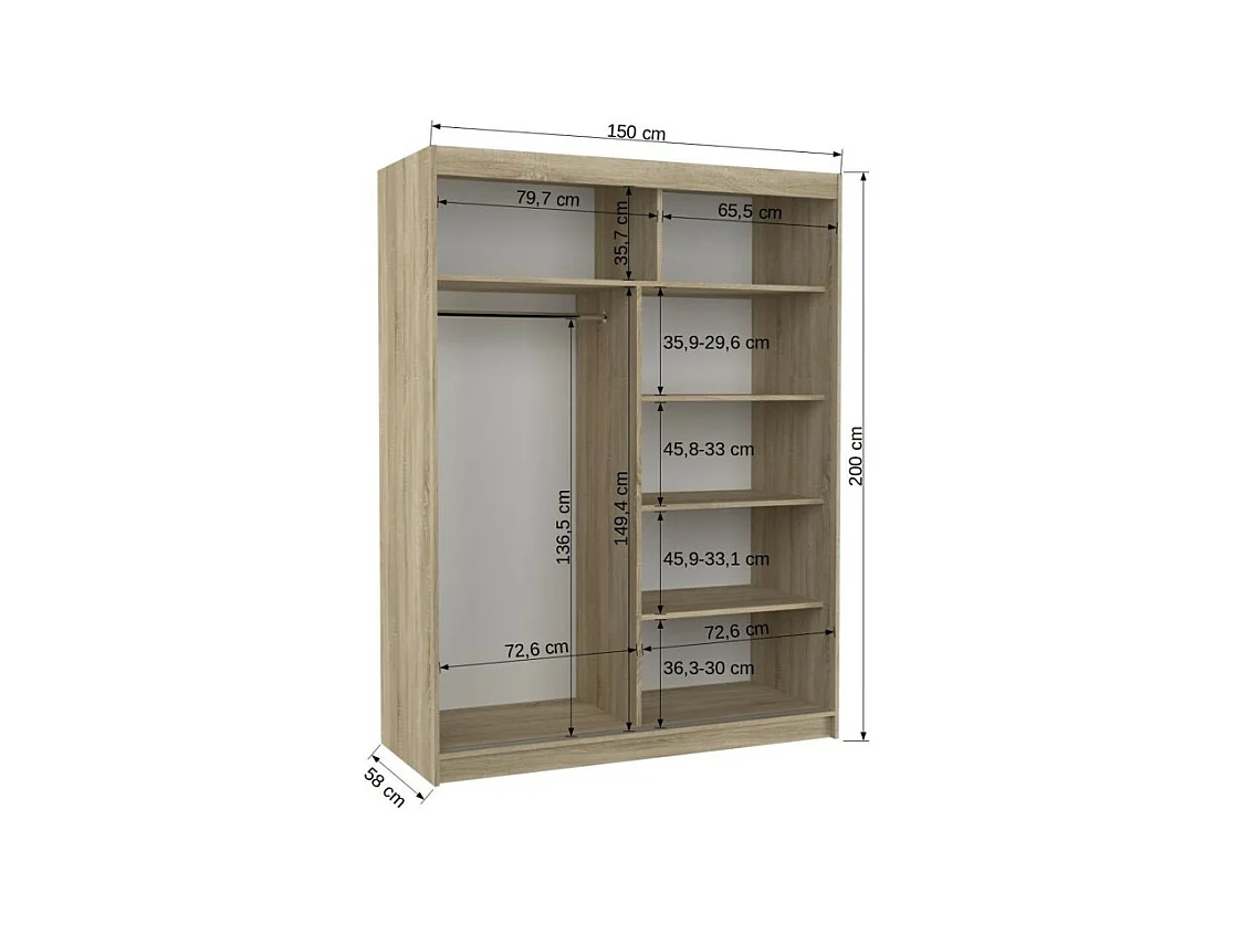 Armoire Zimbo (150cm)/portes coulissantes/miroir/LED/Blanc&Sonoma