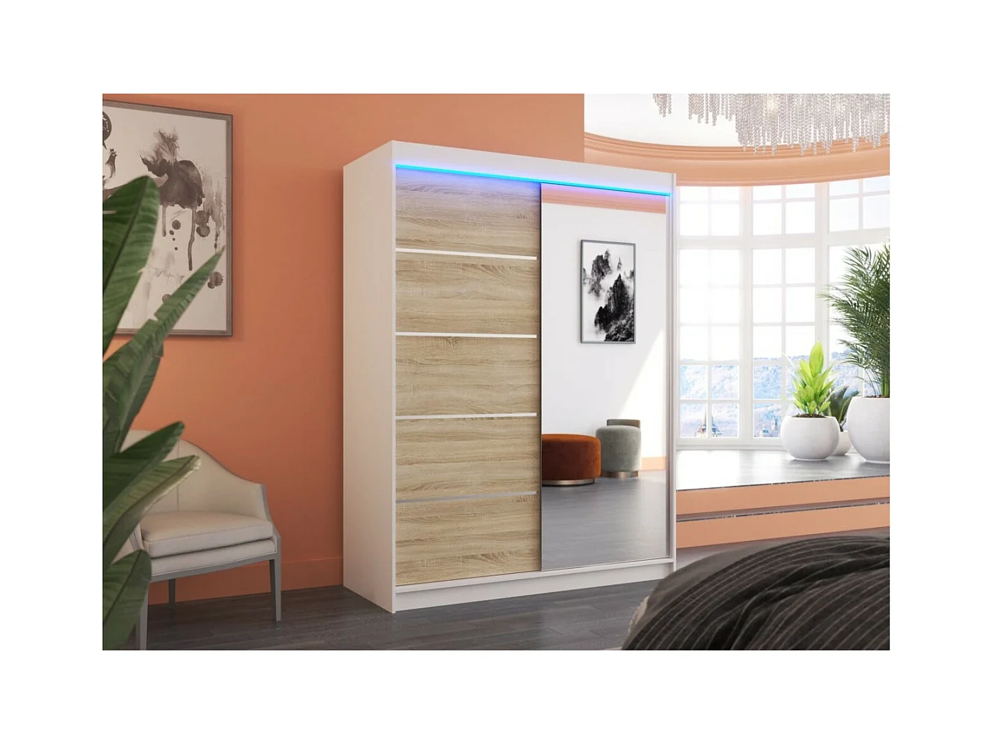 Kleiderschrank Zimbo (150cm)/Schiebetüren/Spiegel/LED/Weiss&Sonoma
