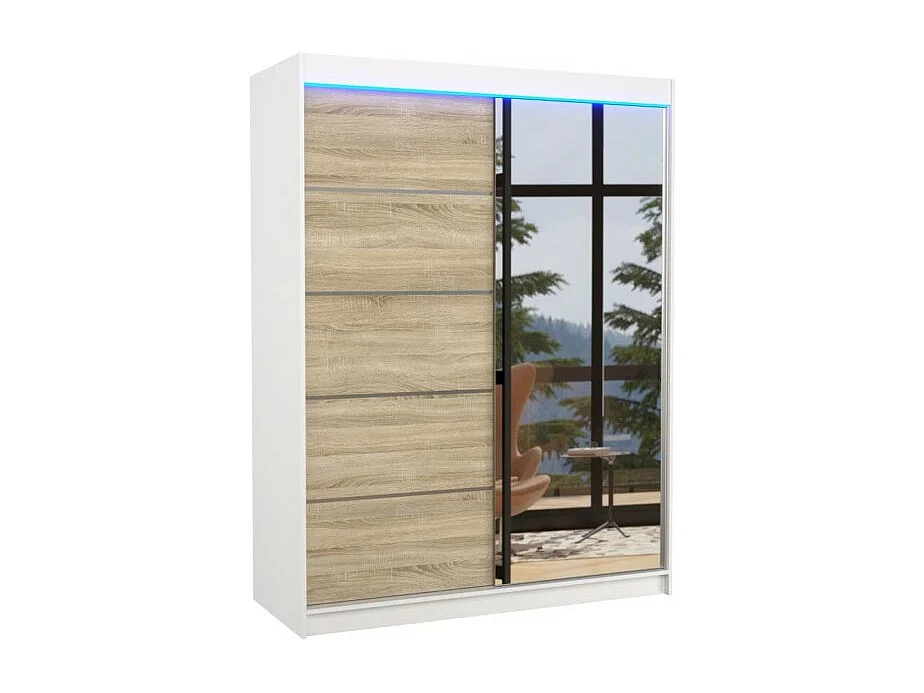 Armoire Zimbo (150cm)/portes coulissantes/miroir/LED/Blanc&Sonoma