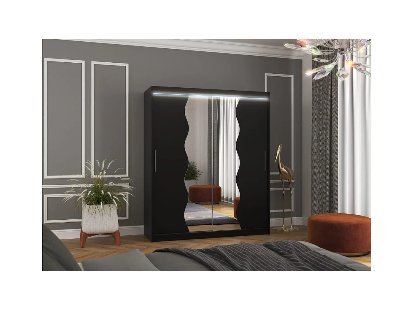 Kleiderschrank Tansas (180cm)/Schiebetüren/Spiegel/LED/Schwarz