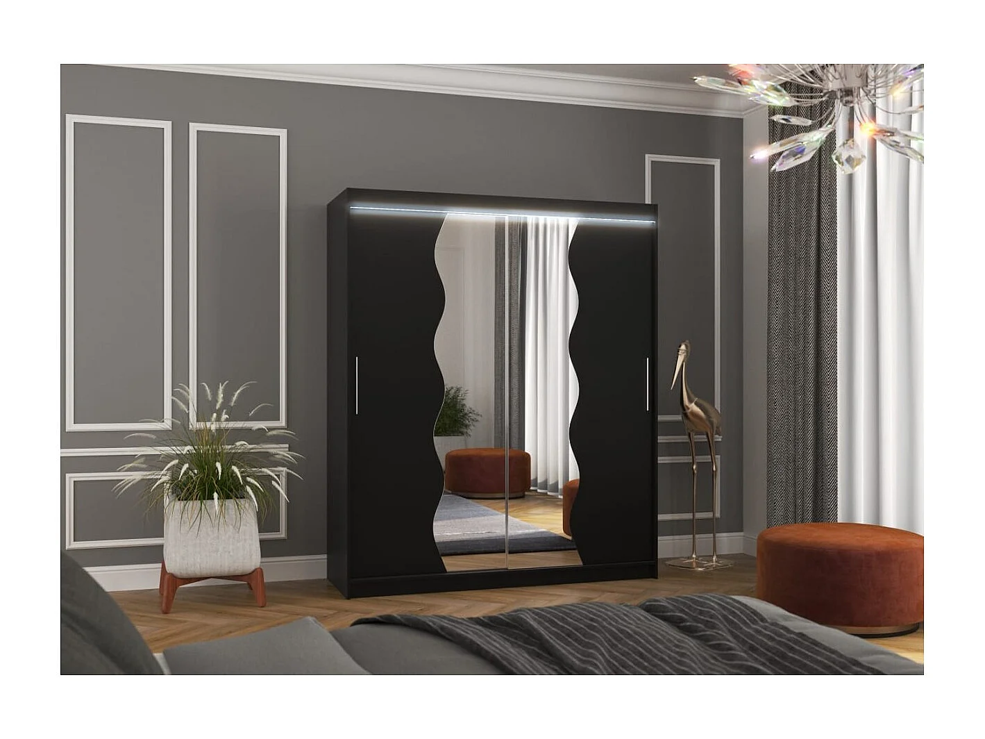 Kleiderschrank Tansas (180cm)/Schiebetüren/Spiegel/LED/Schwarz