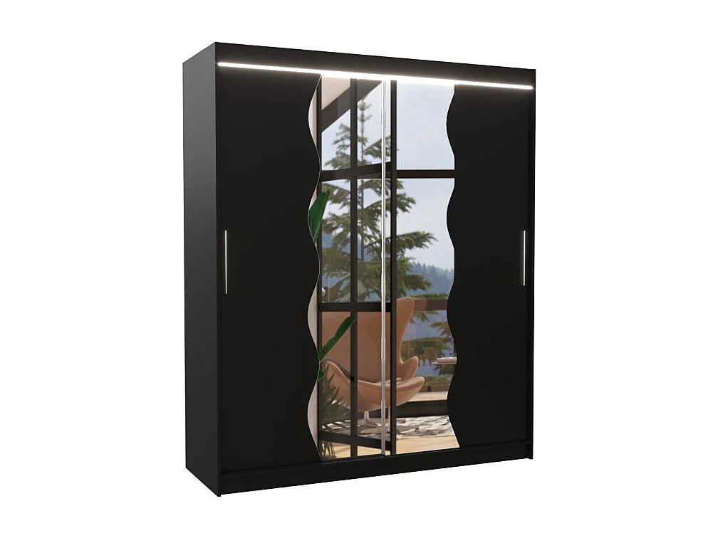 Kleiderschrank Tansas (180cm)/Schiebetüren/Spiegel/LED/Schwarz