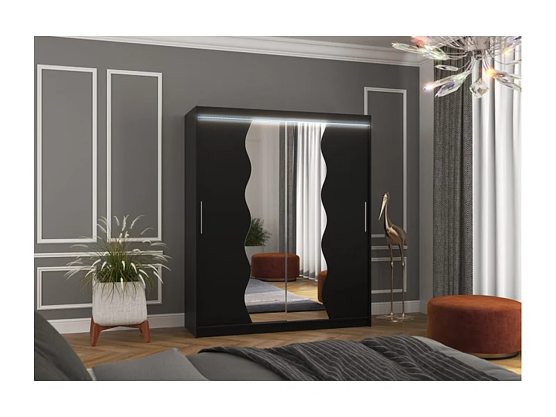 Kleiderschrank Tansas (180cm)/Schiebetüren/Spiegel/LED/Schwarz