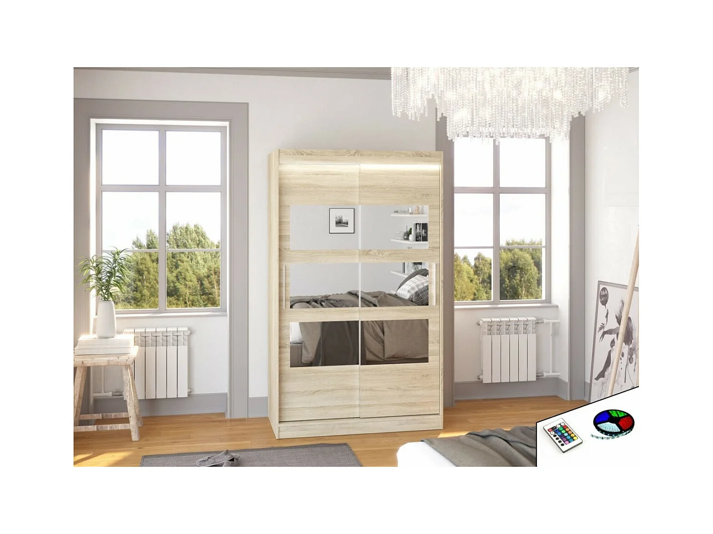 Armoire Solvado (120cm)/portes coulissantes/miroir/LED/Sonoma